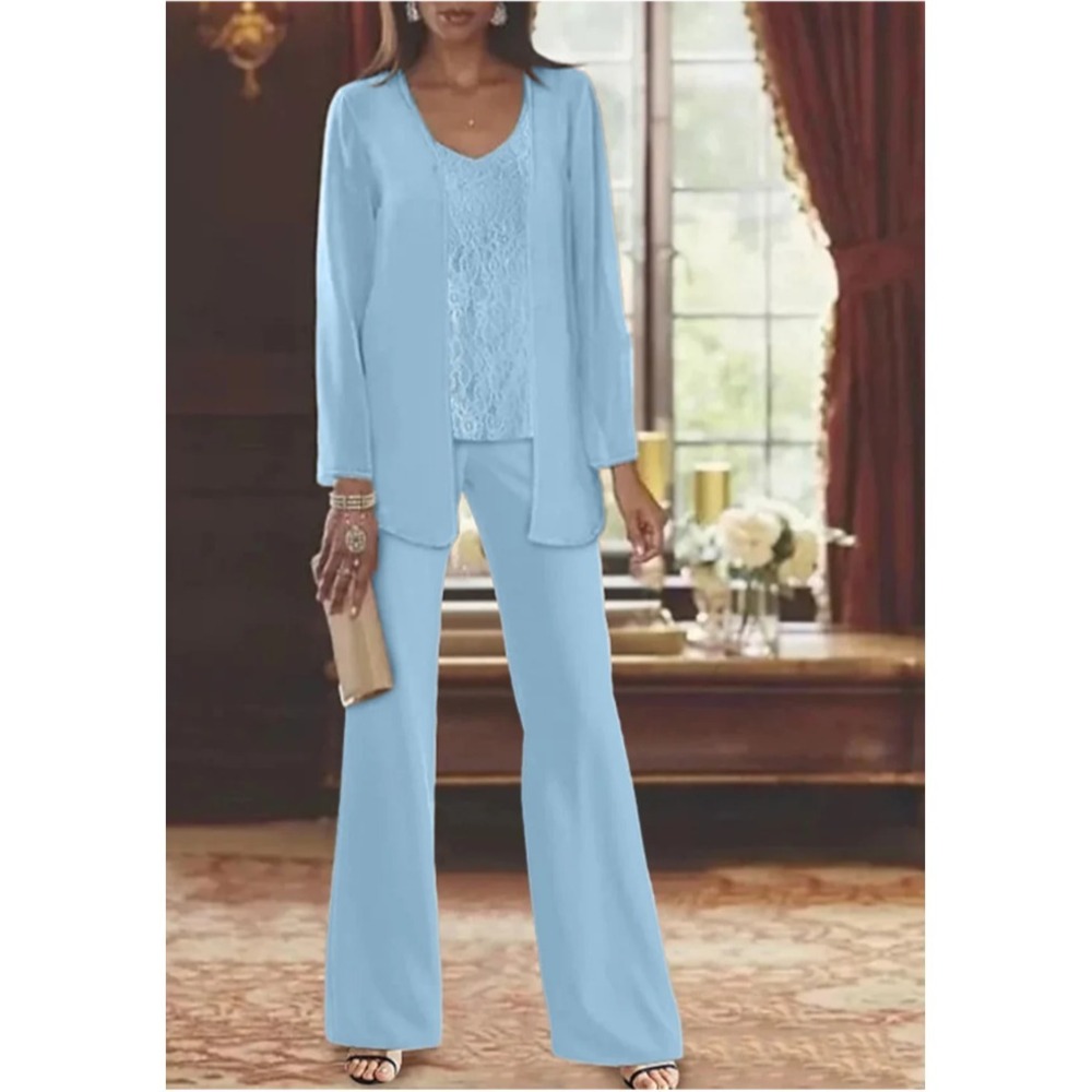 Chiffon Formal Pant Suit 3 Piece Mother of the Bride Light Blue lace Wedding